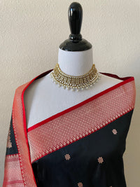 Thumbnail for Banarasi Katan Silk Saree | Black & Red |  Handwoven | Silk Mark | Ships from California