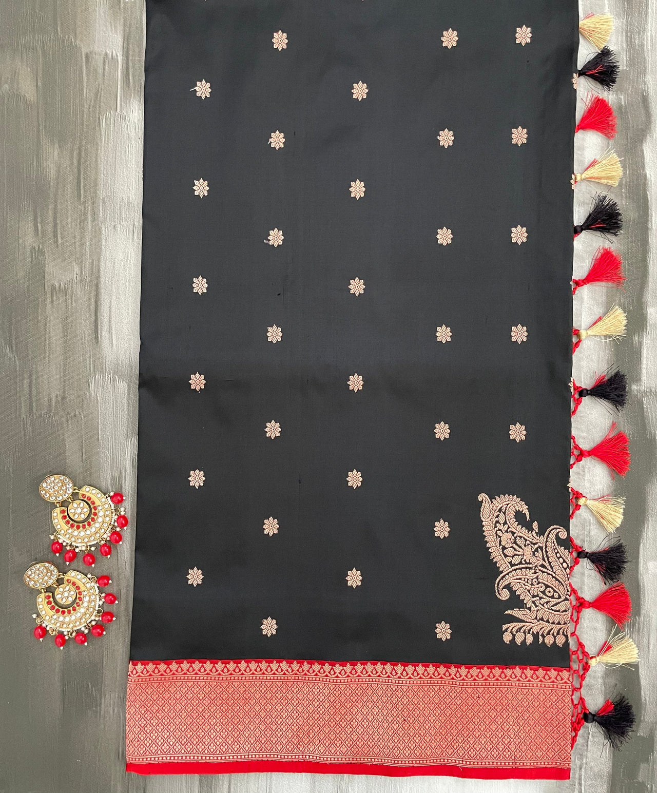 Banarasi Katan Silk Saree | Black & Red |  Handwoven | Silk Mark | Ships from California