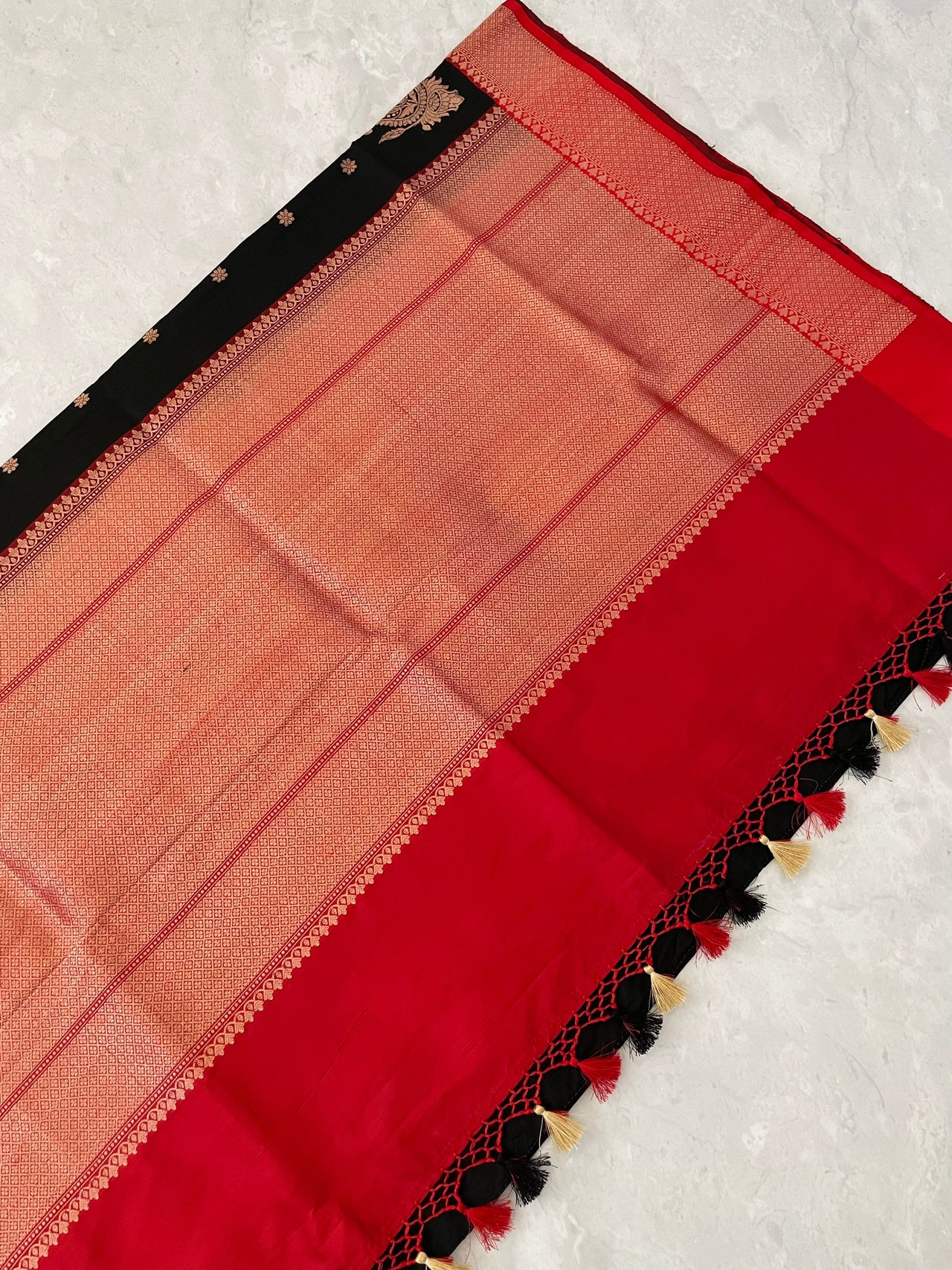 Banarasi Katan Silk Saree | Black & Red |  Handwoven | Silk Mark | Ships from California