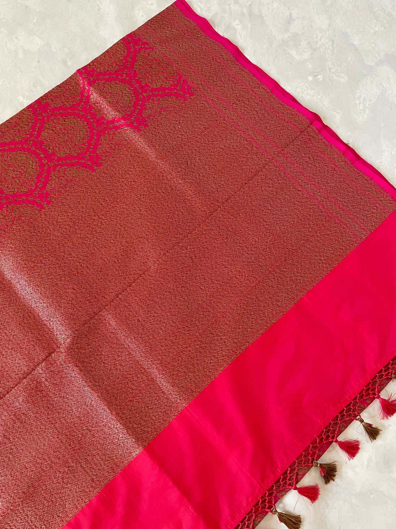 Banarasi Katan Silk Saree | Pink with Orange Cross Shade | Antique Zari | Handwoven | Silk Mark | Ships from California