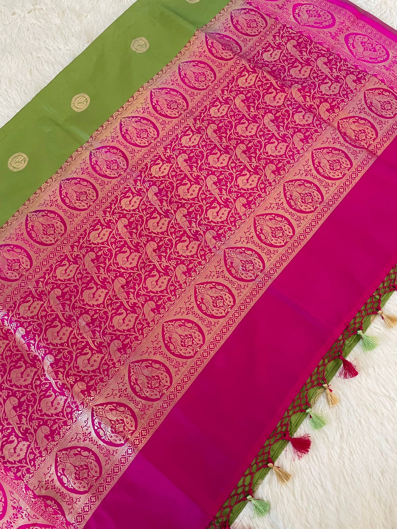 Banarasi Katan Silk Saree | Light Green and Rani/Bright Pink | Handwoven | Silk Mark | Ships from California