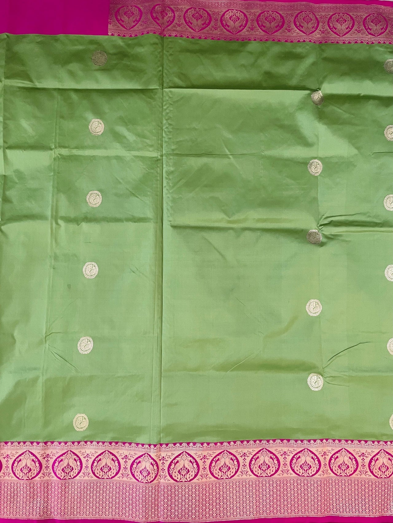 Banarasi Katan Silk Saree | Light Green and Rani/Bright Pink | Handwoven | Silk Mark | Ships from California