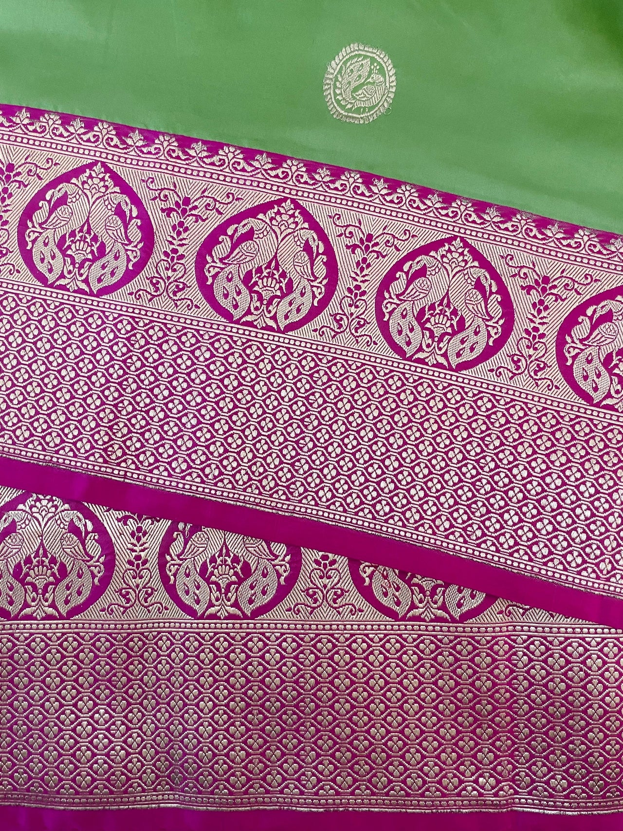 Banarasi Katan Silk Saree | Light Green and Rani/Bright Pink | Handwoven | Silk Mark | Ships from California