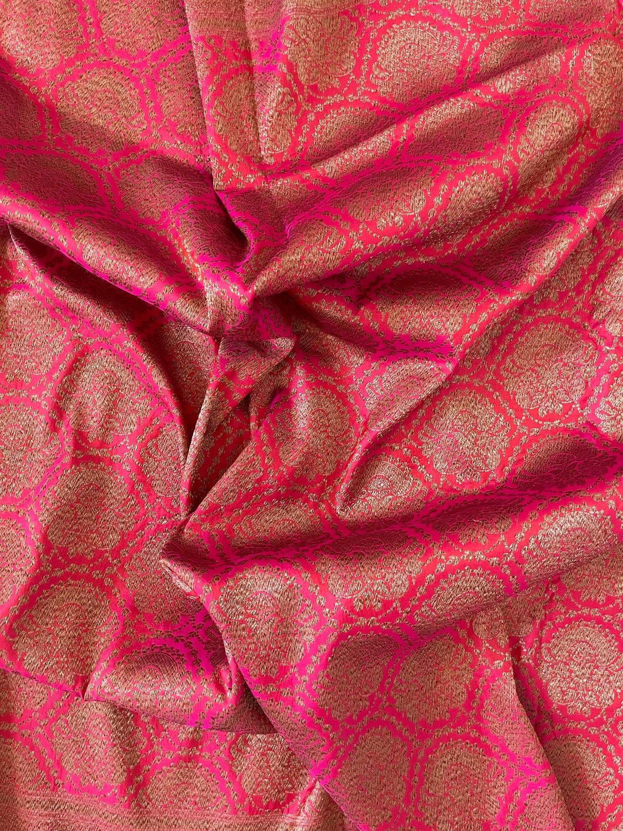 Banarasi Katan Silk Saree | Pink with Orange Cross Shade | Antique Zari | Handwoven | Silk Mark | Ships from California