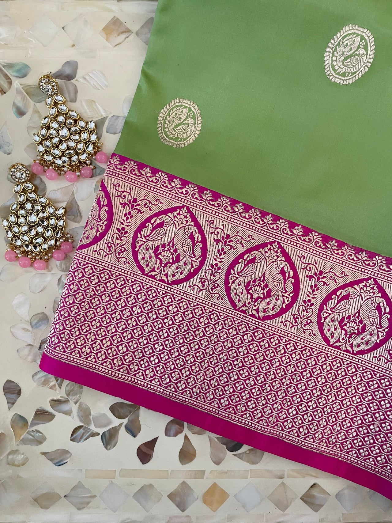 Banarasi Katan Silk Saree | Light Green and Rani/Bright Pink | Handwoven | Silk Mark | Ships from California