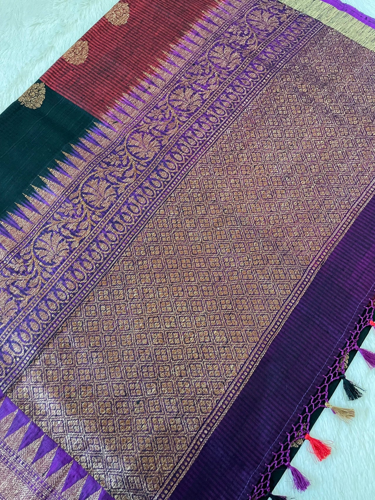 Dupion Pure Silk Saree | Black | Maroon & Purple, Antique Zari, Handwoven in Banaras | Ships from California