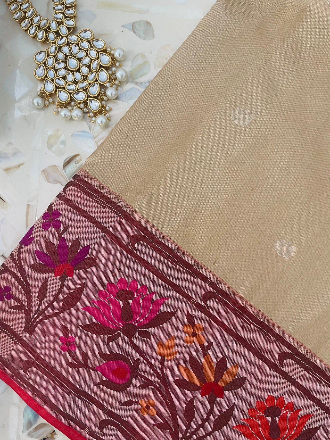 Banarasi Katan Silk Paithani Saree | Beige & Red | Handwoven | Silk Mark Certified | Ships from California