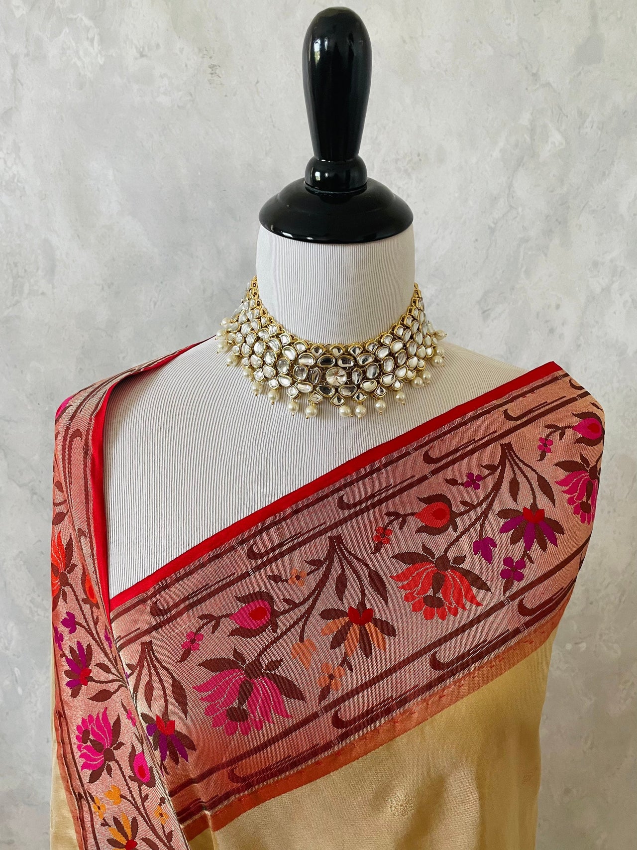 Banarasi Katan Silk Paithani Saree | Beige & Red | Handwoven | Silk Mark Certified | Ships from California