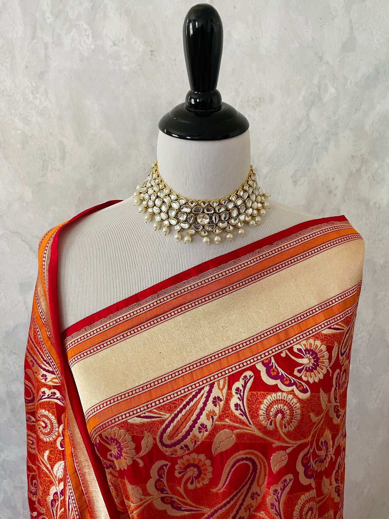 Banarasi Katan Silk Meenakari Saree | Red and Orange | Handwoven | Silk Mark Certified | Ships from California