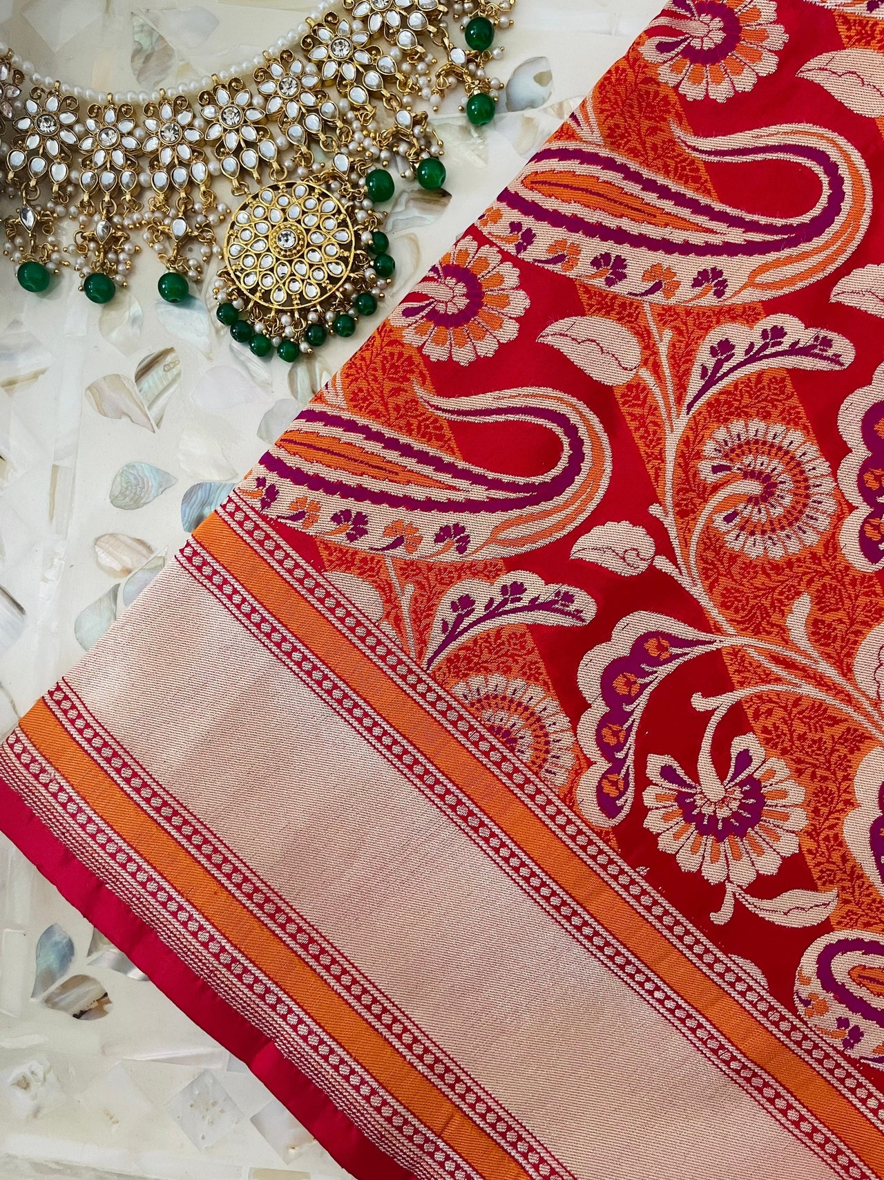 Banarasi Katan Silk Meenakari Saree | Red and Orange | Handwoven | Silk Mark Certified | Ships from California