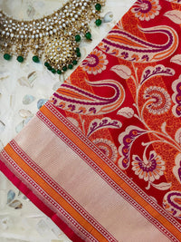 Thumbnail for Banarasi Katan Silk Meenakari Saree | Red and Orange | Handwoven | Silk Mark Certified | Ships from California