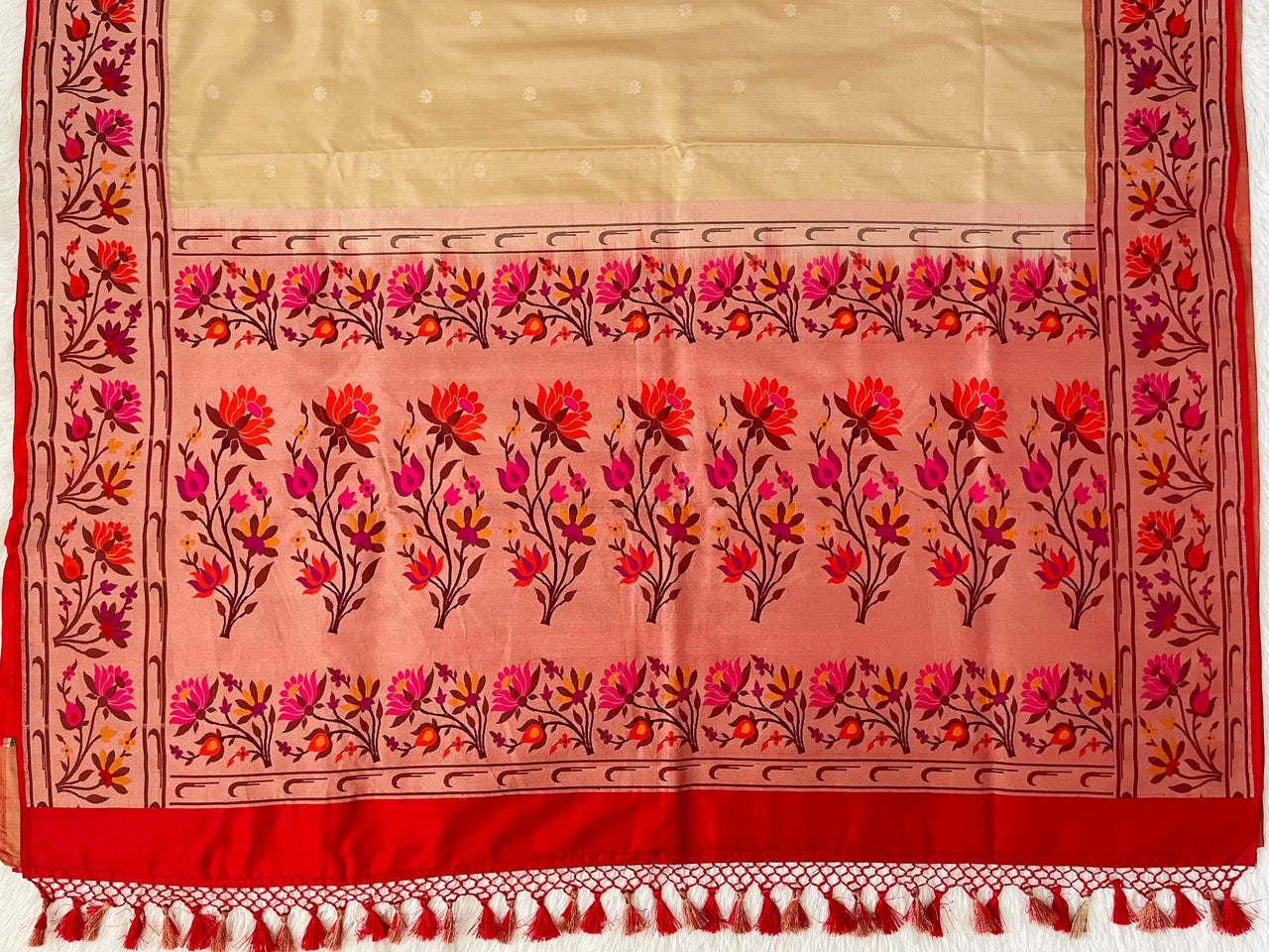 Banarasi Katan Silk Paithani Saree | Beige & Red | Handwoven | Silk Mark Certified | Ships from California