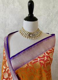Thumbnail for Banarasi Katan Pure Silk Saree | Pink-Orange | Skirt Border | Handwoven | Ships from California