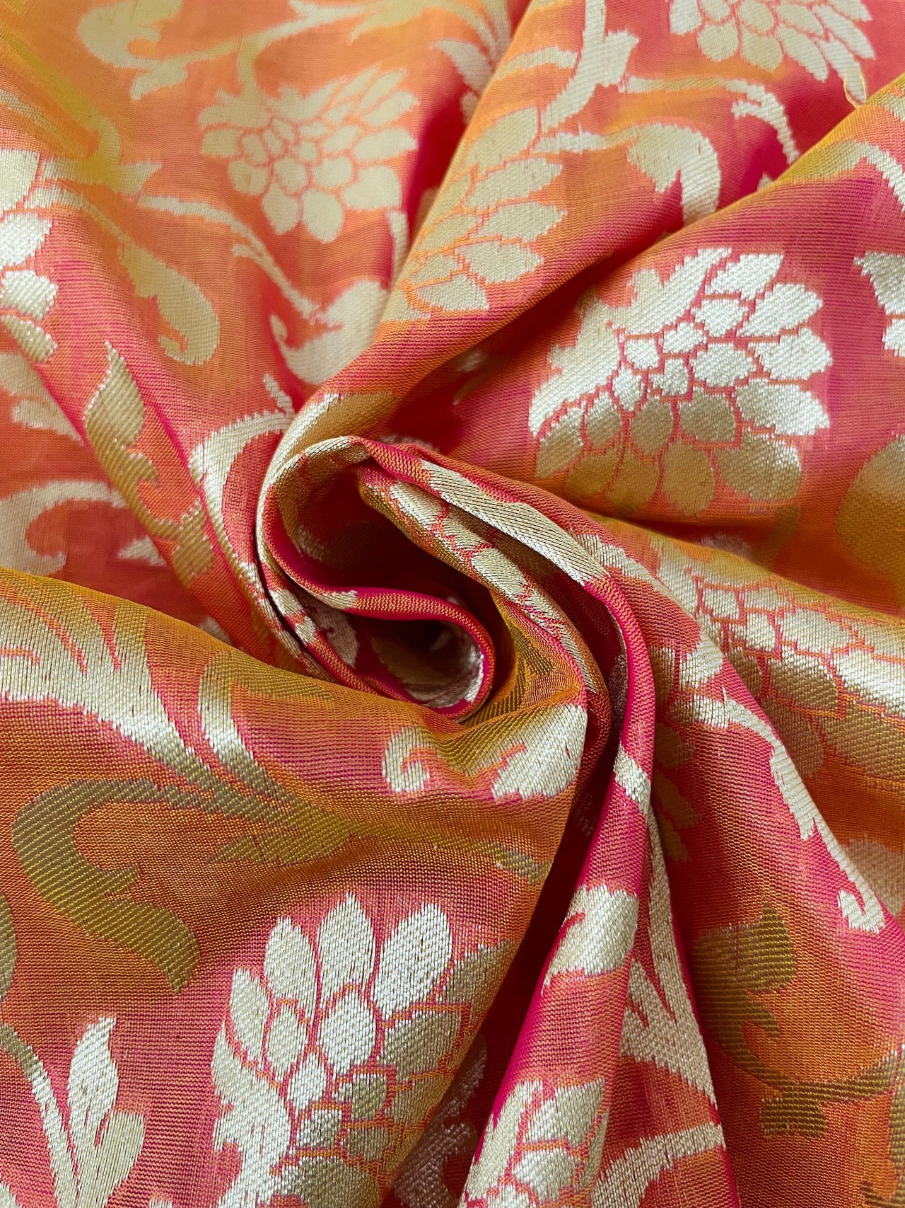 Banarasi Katan Pure Silk Saree | Pink-Orange | Skirt Border | Handwoven | Ships from California