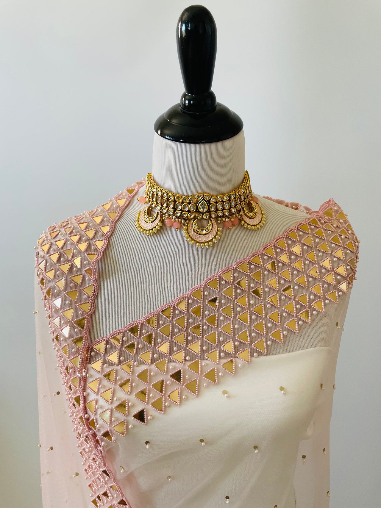 Handmade Premium Net Fabric Saree | Pastel Pink | Hand Embroidery | Ships from California