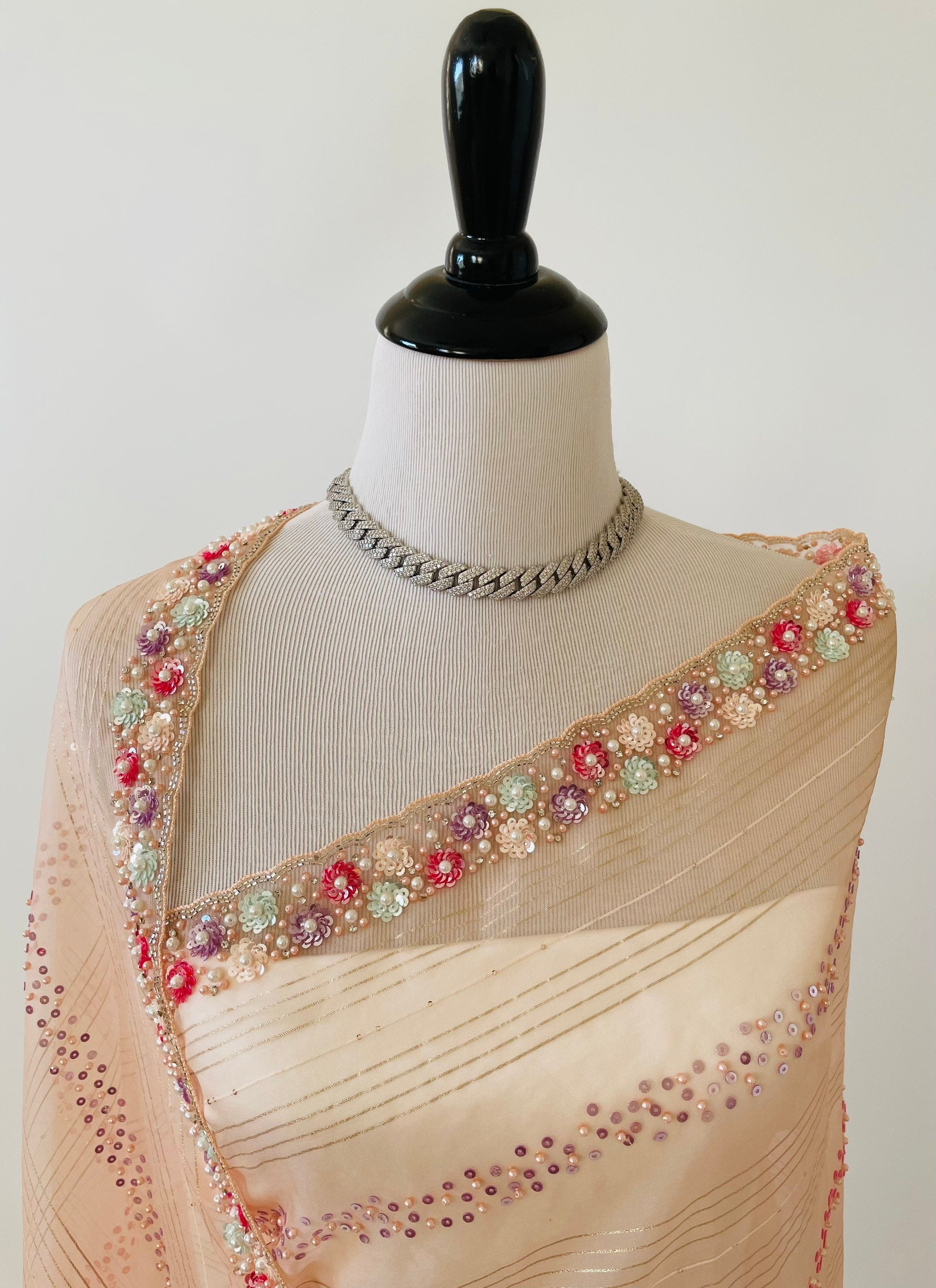 Handmade Premium Organza Saree | Light Pink with Peach Undertone | Hand Embroidery | Ships from California