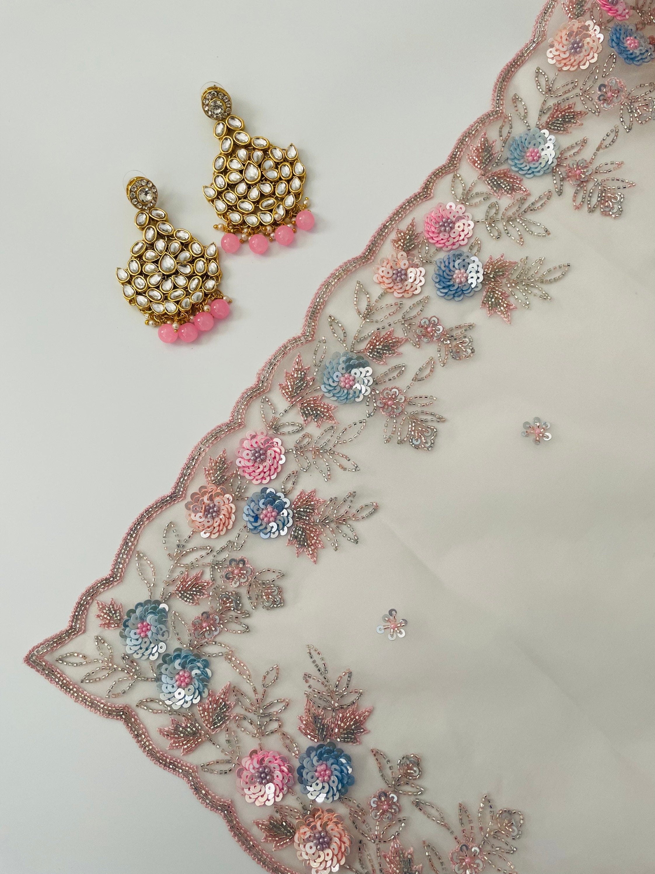 Handmade Premium Organza Saree | Pale Pink | Hand Embroidery | Ships from California