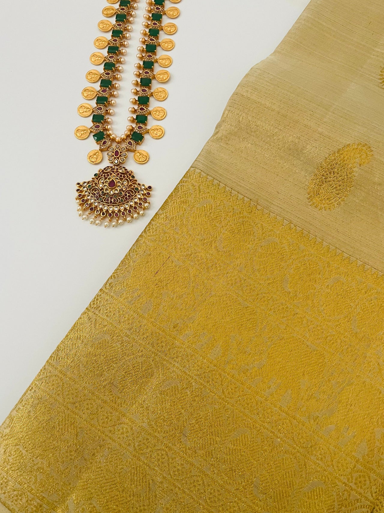 Kanchipuram Tissue Silk Saree | Beige & Gold | Pure Zari | Pure Silk | Handwoven | Ships from California | Pushpam - ShopNaya Exclusive