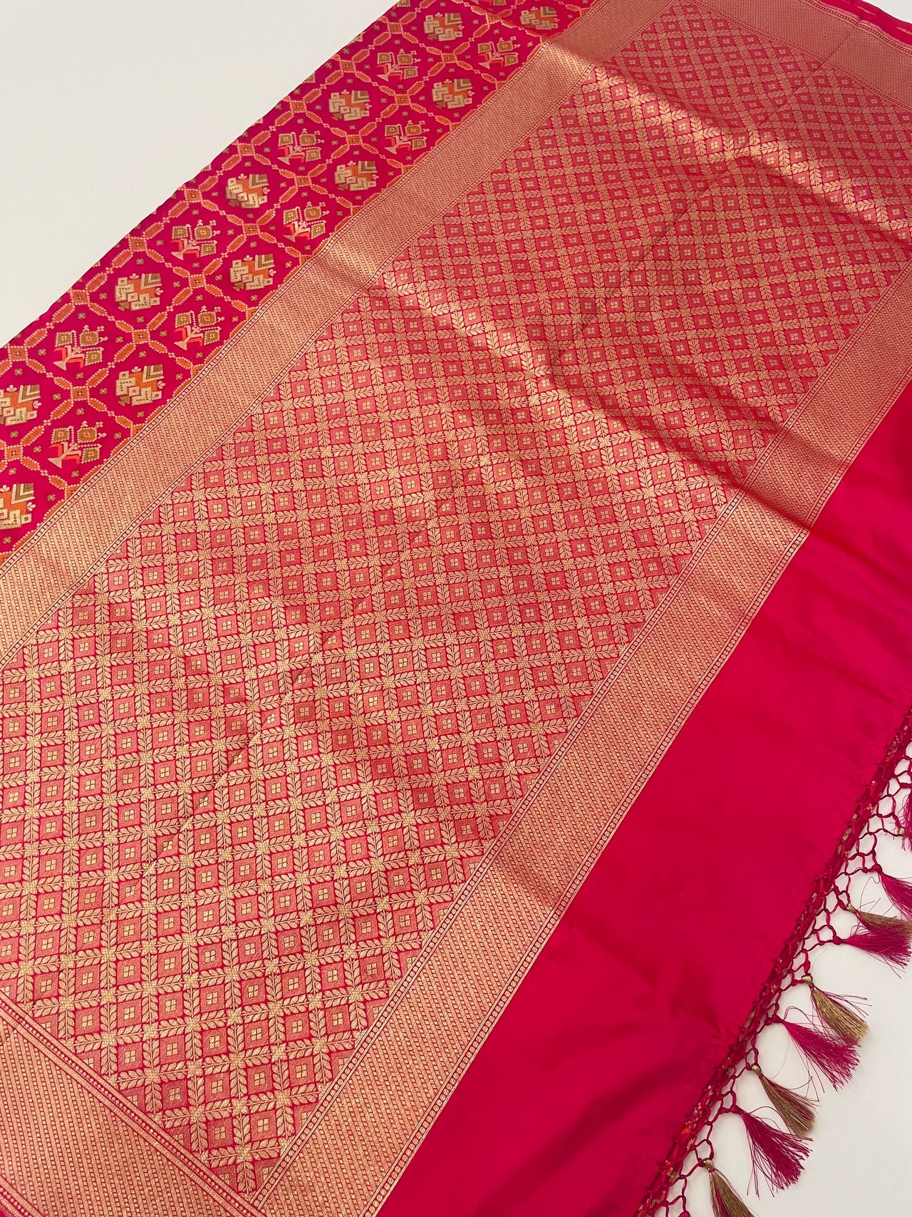 Banarasi Katan Silk Patola Saree | Rani Pink |  Gold Zari | Handwoven |  Silk Mark Certified | Ships from California