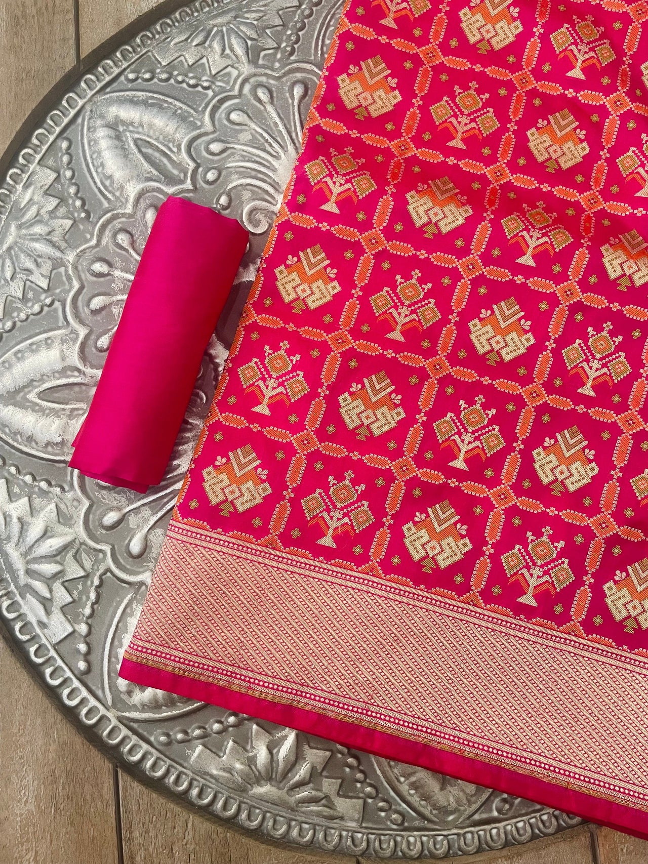 Banarasi Katan Silk Patola Saree | Rani Pink |  Gold Zari | Handwoven |  Silk Mark Certified | Ships from California