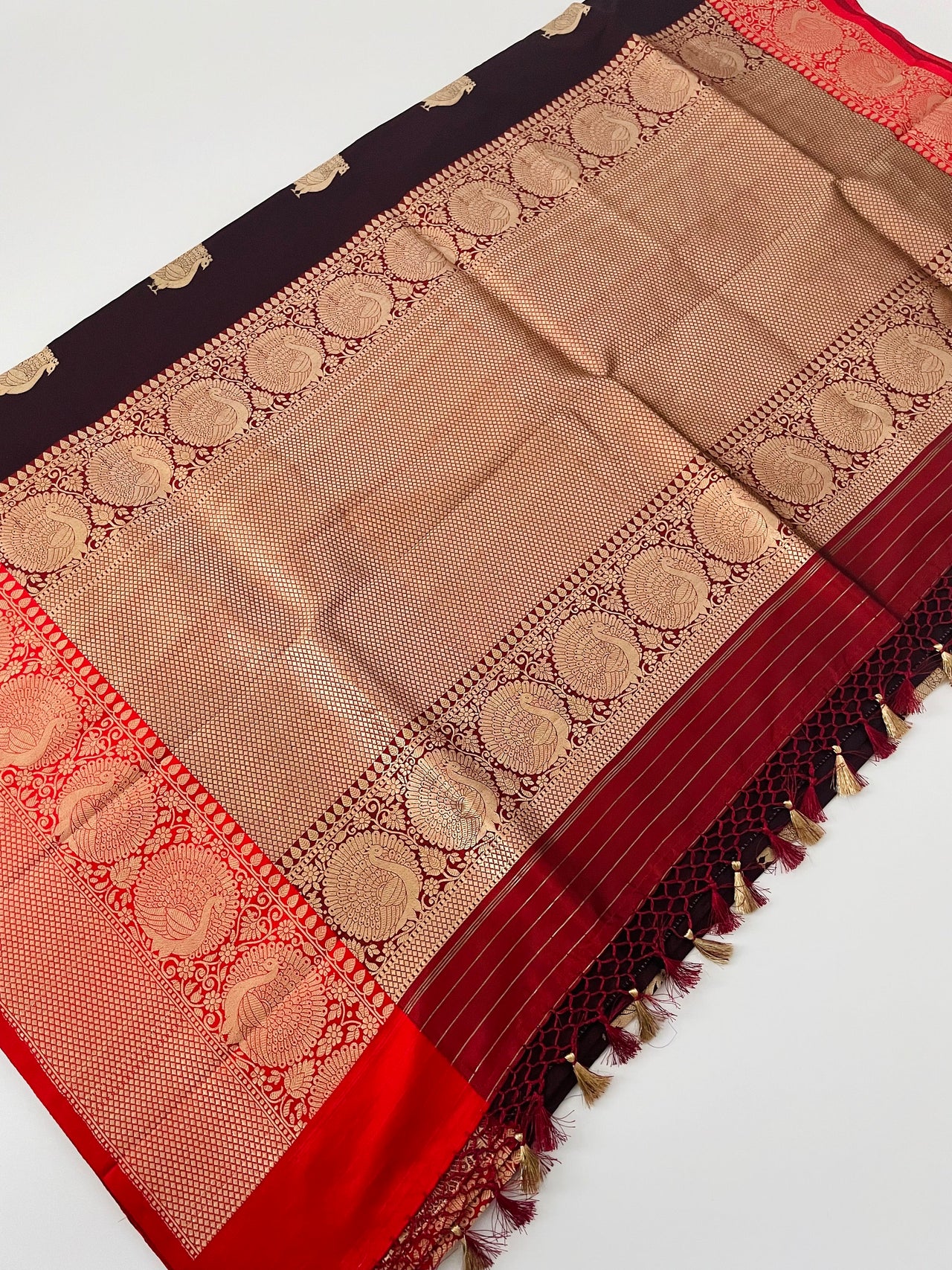 Banarasi Katan Silk Saree | Dark Brown | Gold Zari | Handwoven |  Silk Mark Certified | Ships from California